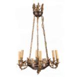 Empire-Style Gilt and Patinated Bronze Six-Light Chandelier , 20th c., mask and palmette decoration,