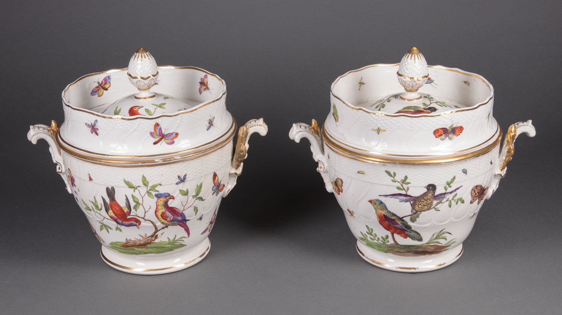 Pair of English Polychrome and Gilt Porcelain Covered Fruit Coolers , 19th c., fitted with liners,