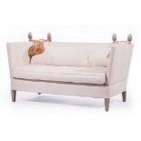 Contemporary Knole Drop Arm Sofa , 20th c., drop sides, pineapple finials, tasseled cords, h. 30 1/2