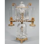 English Bronze and Cut Crystal Two-Light Argand Lamp , 19th c., marked "JOHNSTON BROOKES & Co./