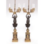 Pair of Napoleon III Gilt and Patinated Bronze Five-Light Candelabra , 19th c., each with Winged
