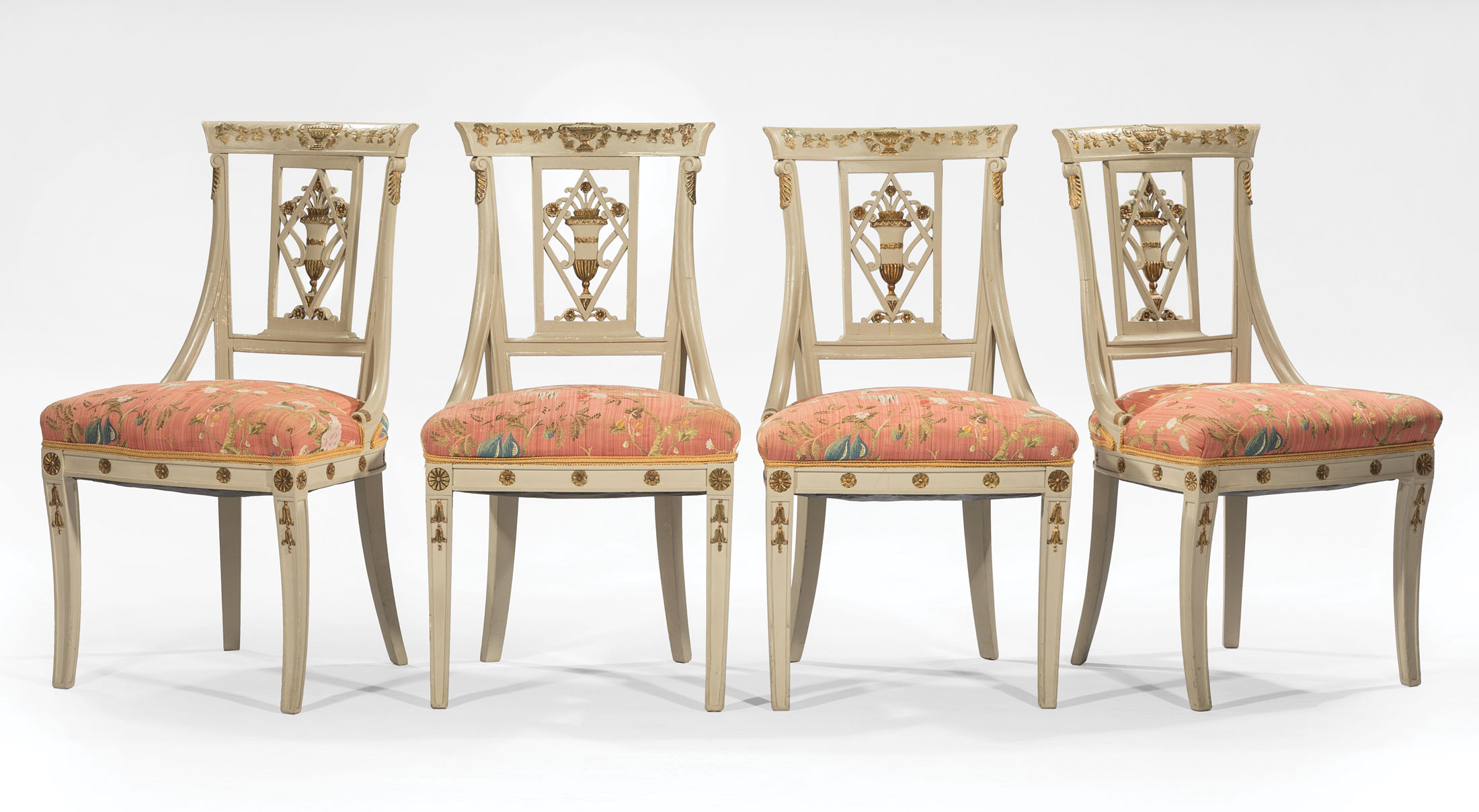 Four Directoire-Style Painted and Parcel Gilt Side Chairs , crest rail and pierced back with urn and - Image 2 of 3