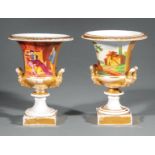 Pair of Paris Polychrome and Gilt Porcelain Campagna Urns , 19th c., landscape and figural reserves,