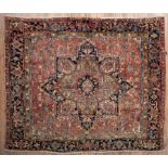 Antique Persian Heriz Carpet , red ground, central medallion, 6 ft. 11 in. x 8 ft. 8 in