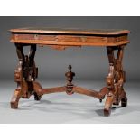 American Renaissance Carved Walnut and Burl Library Table , 19th c., inset green leather top, two