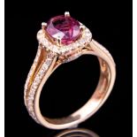 14 kt. Yellow Gold, Rubellite and Diamond Ring , prong set oval mixed cut rubellite, 8.50 x 6.80 x