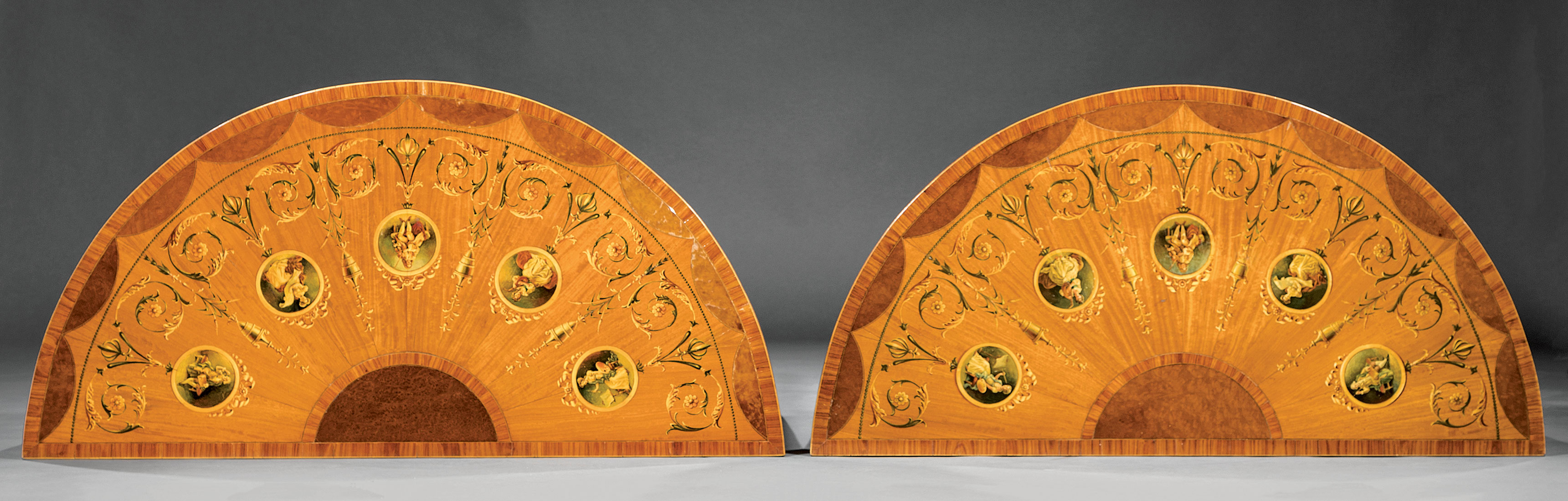 Pair of Edwardian Painted and Inlaid Satinwood Demilune Tables , early 20th c., Neoclassical motifs, - Image 5 of 5