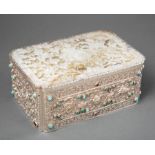 Chinese Jade-Inset and Turquoise and Coral "Gem" Embellished Silver Box , lid carved with