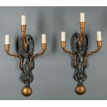 Pair of Empire-Style Gilt and Patinated Bronze Three-Light Sconces , electrified, h. 18 in., w. 9