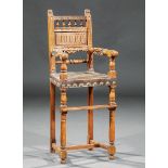 Antique Elizabethan-Style Carved Walnut High Chair , 19th c. or earlier, spindled linen fold