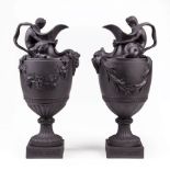Pair of Wedgwood Black Basalt Ewers Emblematic of Water and Wine, 'Sacred to Neptune and