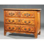Antique French Provincial Carved Fruitwood Commode , molded top, three cartouche-paneled drawers,