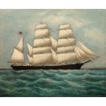 China Trade School, 19th c ., "Starboard Portrait of an American Three-Masted Barque at Full