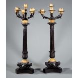 Pair of Louis Philippe Gilt and Patinated Bronze Six-Light Candelabra , 19th c., columnar shaft,