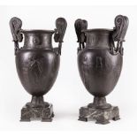 Pair of Classical-Style Bronze Urns , 20th c., after the Antique, scroll and swans neck handles,