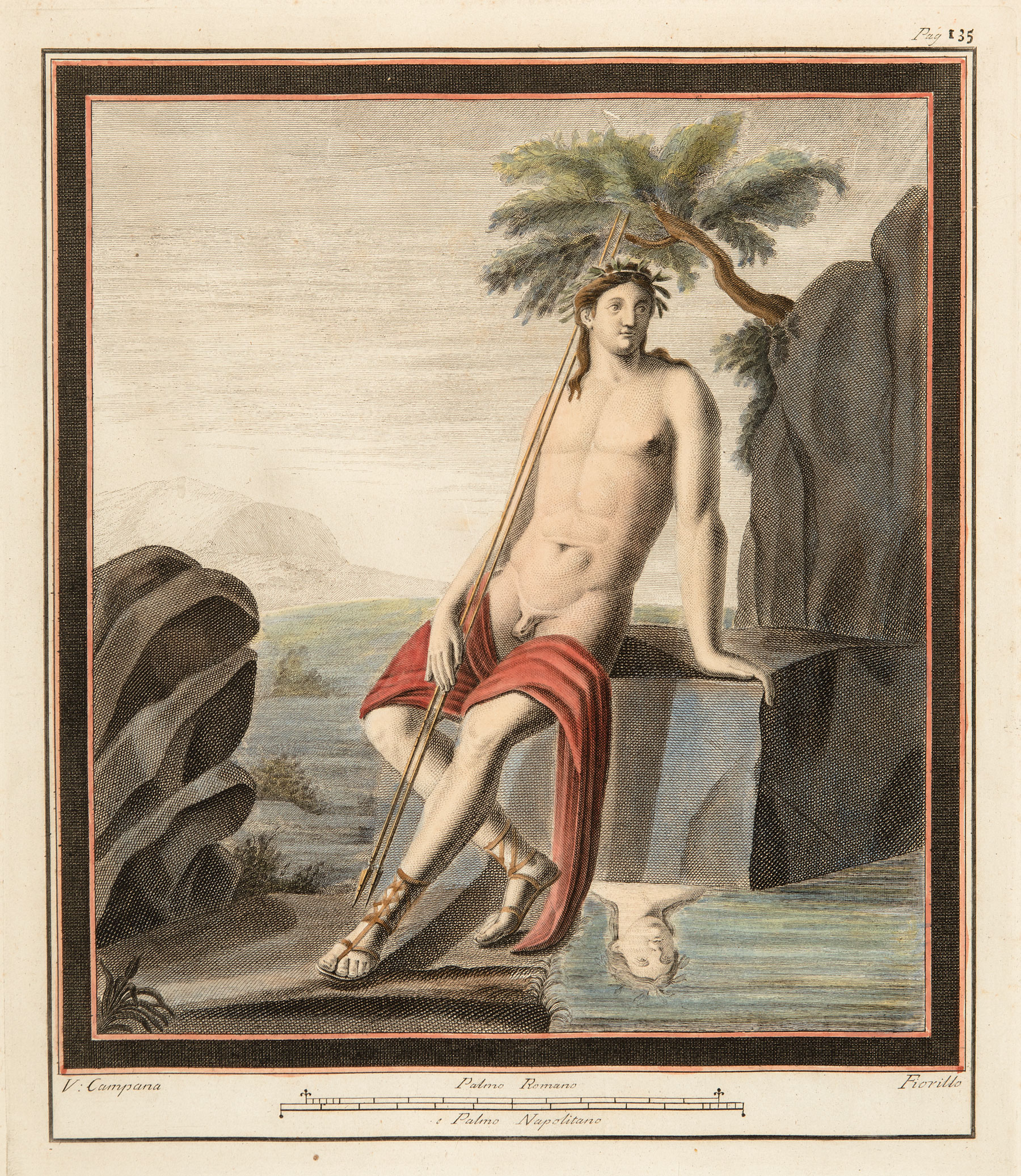 Nicola Fiorillo (Italian, 1730-1805) , "Man with Spears and Laurel", hand-colored engraving,