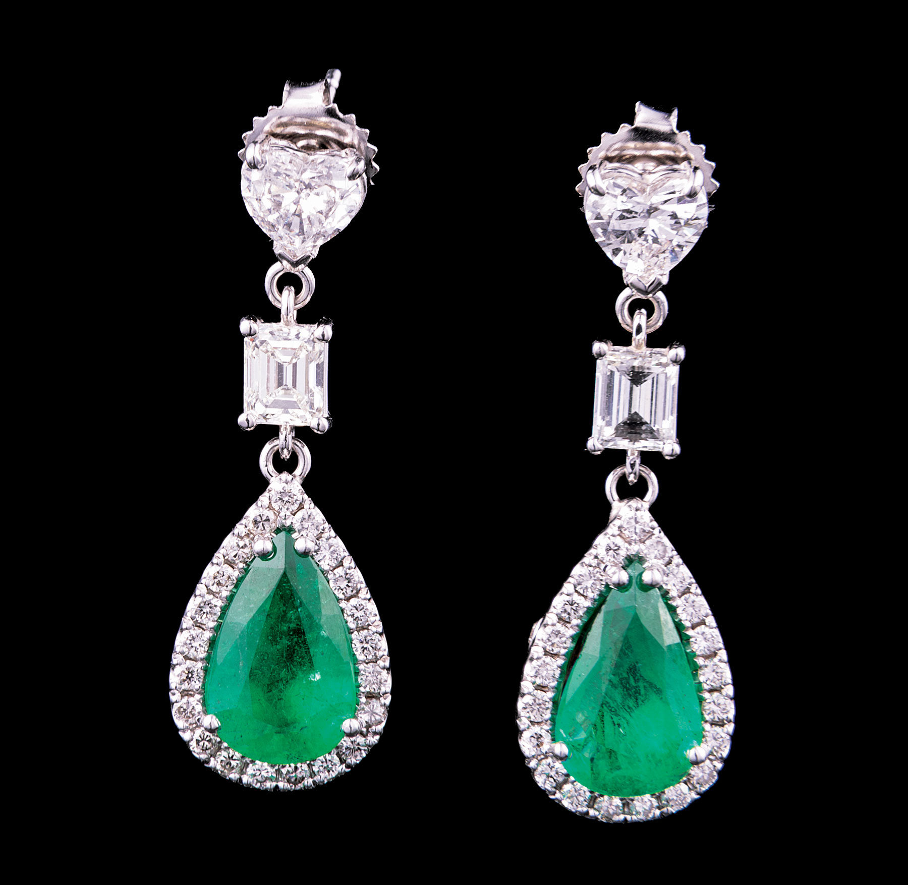 Pair 18 kt. White Gold, Emerald and Diamond Dangle Earrings , set with 2 pear shaped emeralds, total