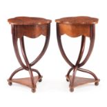 Pair of Biedermeier-Style Burlwood Side Tables , scalloped top and apron, frieze drawer, entwined