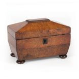 English Burlwood Sarcophagus-Form Tea Caddy , 19th c., with two lidded compartments, pad feet, h.