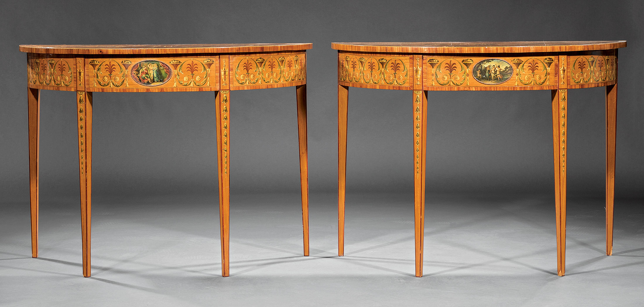 Pair of Edwardian Painted and Inlaid Satinwood Demilune Tables , early 20th c., Neoclassical motifs, - Image 2 of 5