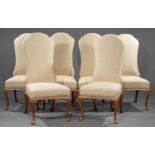 Six Queen Anne-Style Carved Hardwood Side Chairs , tall upholstered back, cabriole legs, pad feet,