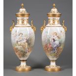 Pair of Gilt Bronze-Mounted Sevres-Style Polychrome and Gilt Porcelain Covered Vases , late 19th c.,