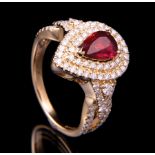 18 kt. Yellow Gold, Ruby and Diamond Ring , prong set pear-shaped faceted ruby, 8.00 x 5.50 x 3.00