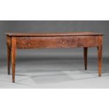 French Provincial Carved Walnut Table , 19th c., two drawers, tapered legs , h. 31 1/2 in., w. 68