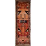 Persian Qashqai Carpet , red-orange ground, geometric, stylized floral and figural design, 4 ft. 3