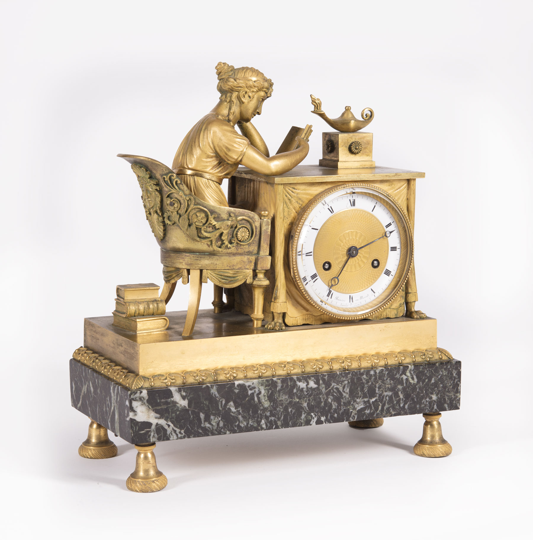 Empire Gilt Bronze and Verde Antico Marble "La Liseuse" Mantel Clock , c. 1815, engine-turned dial - Image 2 of 4