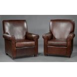 Pair of American Leather Club Chairs , 20th c., high backs, scrolled arms, tapered feet, h. 43