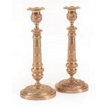 Pair of Charles X-Style Bronze Doré Candlesticks , with guilloche decoration, h. 11 in., dia. 4 1/