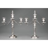 Pair of Georgian-Style Silverplate Three-Light Candelabra , 20th c., removable flame finial,