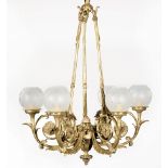 English Gilt Bronze Six-Light Chandelier , 20th c., tasseled supports, foliate arms, cut glass