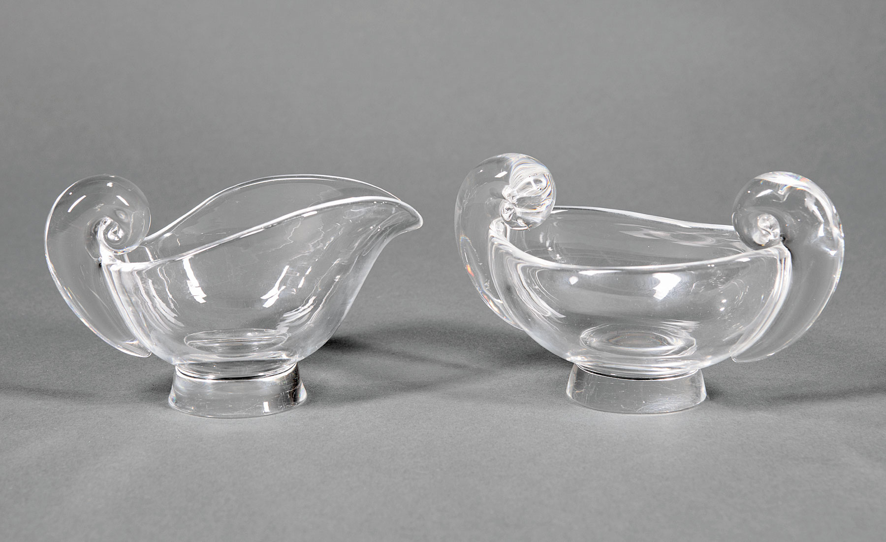 Steuben Glass "Snail-Scroll" Sugar Bowl and Cream Pitcher , etched marks, models #7941 and #7942,