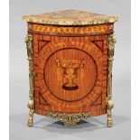 Louis XVI-Style Brass-Mounted Marquetry Encoignure , sienna marble top, ram's head mounted stiles,
