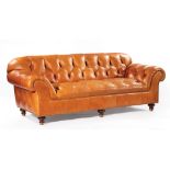 Chesterfield Leather Sofa , labeled "Hancock & Moore", button-tufted back, seat and arms, brass