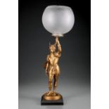 American Gilt Metal Figural Gas Table Lamp , 19th c., depicting Joan of Arc, frosted glass globe, h.