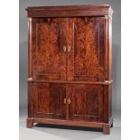 Dutch Neoclassical Figured Mahogany Linen Press , early 19th c., flat cornice, two large paneled