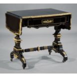 English Bronze-Mounted, Brass Inlaid and Ebonized Sofa Table , late 19th c., serpentine drop-leaf
