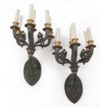 Pair of Empire-Style Gilt and Patinated Bronze Six-Light Wall Sconces , 19th c., foliate