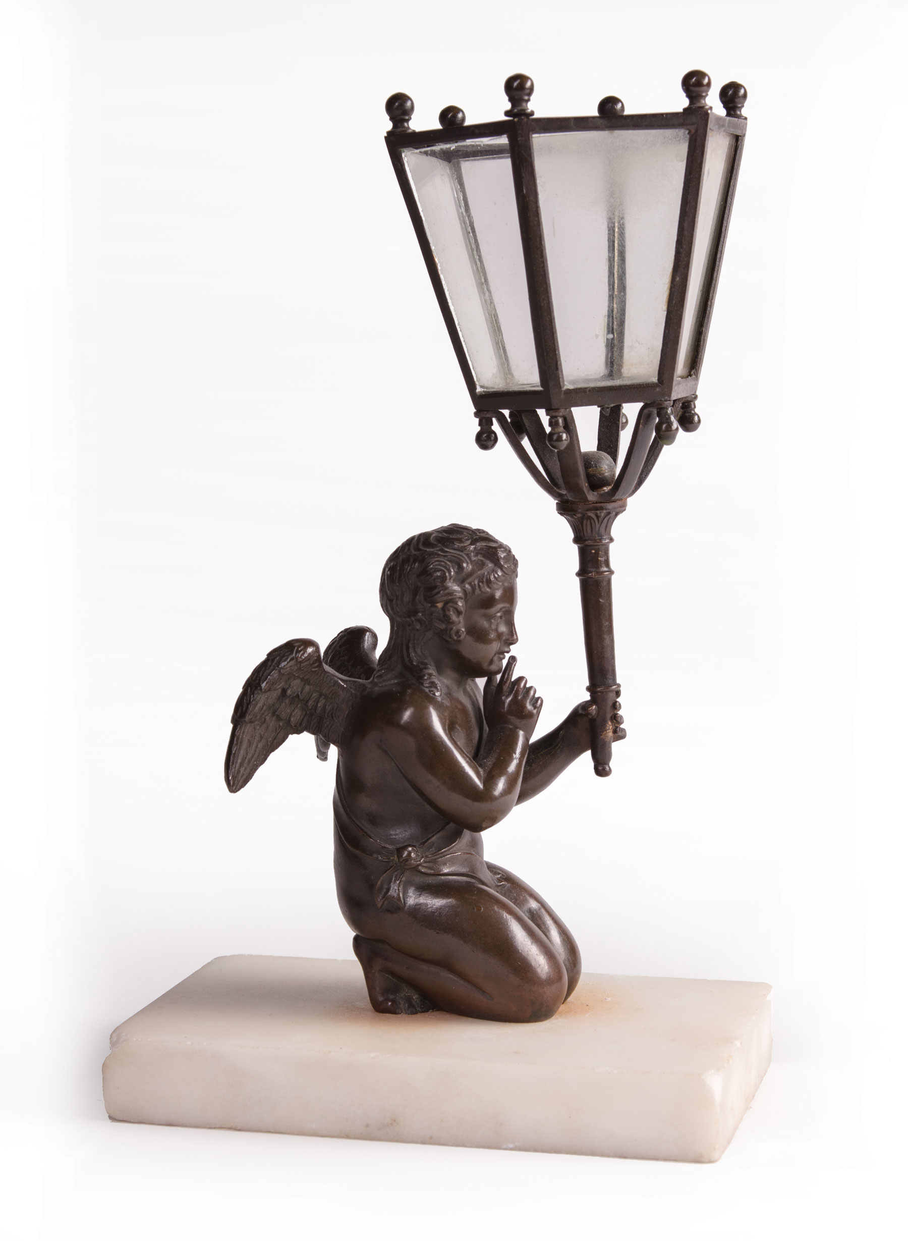 Continental Patinated Bronze Figural Candleholder , modeled as a winged putto, marble base, h. 9 in - Image 2 of 2