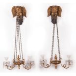 Pair of Continental Carved Gilt and Ebonized Two-Light Sconces , c. 1900, eagle brackets, circle and