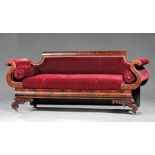 American Late Classical Mahogany Sofa , 19th c., tablet back, S scroll arms, molded seat rail,