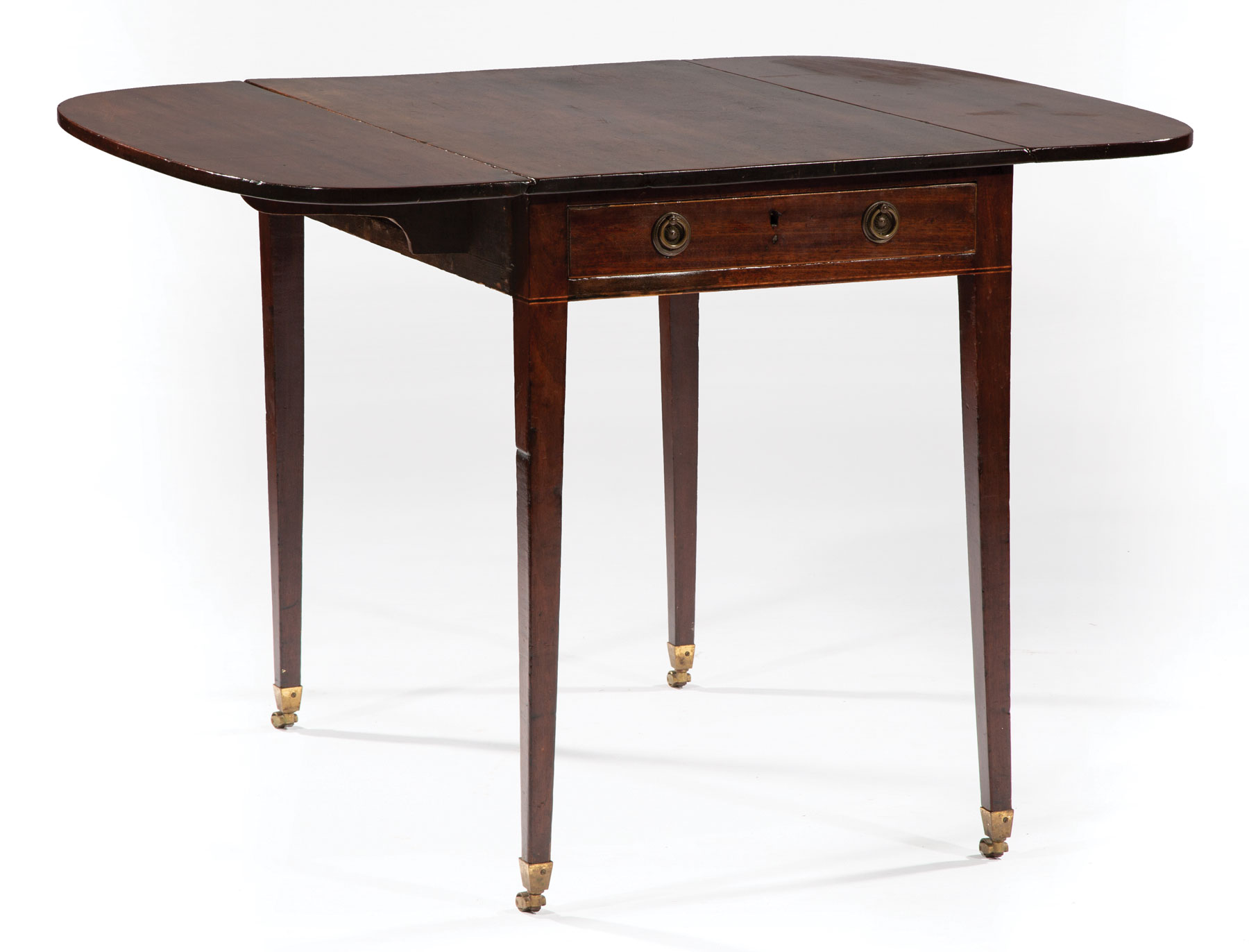 George III Inlaid Mahogany Pembroke Table , late 18th c., shaped drop-leaf top, single drawer, - Image 2 of 2