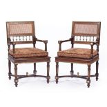 Pair of Continental Neoclassical-Style Brass-Mounted Mahogany Fauteuils , 19th c., rectangular caned