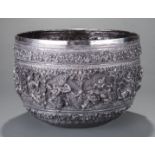 Large Burmese or Thai Silver Repousse Bowl , 19th/20th c., relief-decorated with a continuous