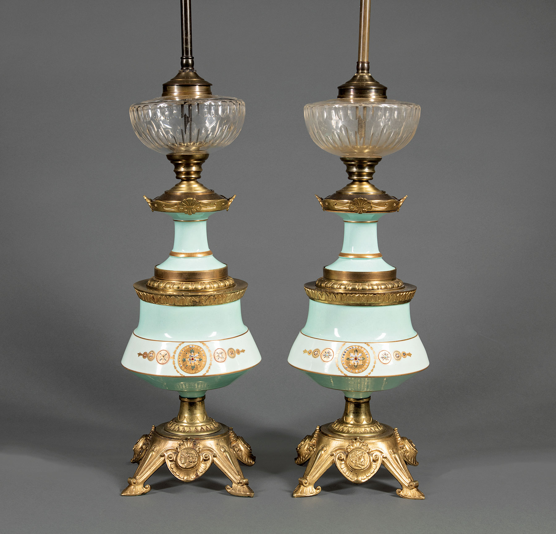 Pair of Napoleon III Bronze-Mounted Porcelain Lamps , in the Renaissance taste, cut glass font, base