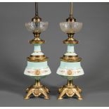 Pair of Napoleon III Bronze-Mounted Porcelain Lamps , in the Renaissance taste, cut glass font, base