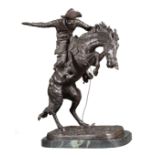 Bronze Figural Group of "Bronco Buster" , after Frederic Remington, signature inscribed on self-